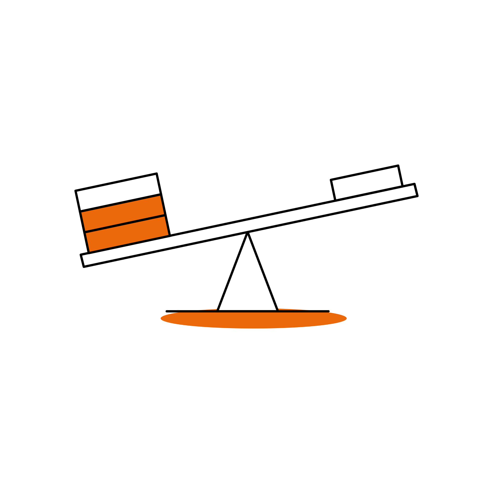 Line illustration of a tilted plank on a pivot, weighed down by a stack of blocks on one side and balanced by a single block on the other.