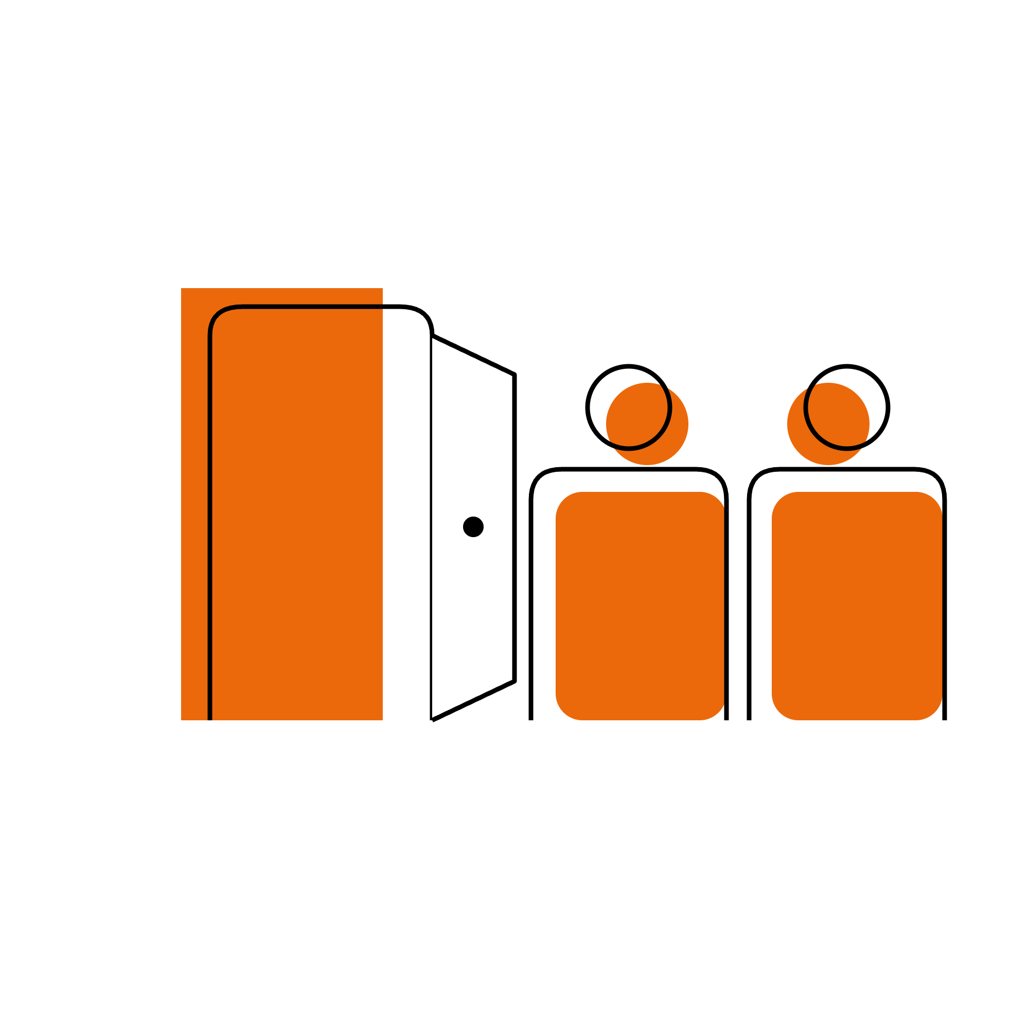 Line illustration of an open institutional doorway with two candidate figures waiting to enter.